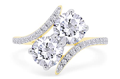 SAVEARTH DIAMONDS Two Stone Ring, 6MM Center Round Cut Sparkling White Cubic Zirconia Bypass Engagement Ring In 14k Gold Over Sterling Silver Jewelry For Women2