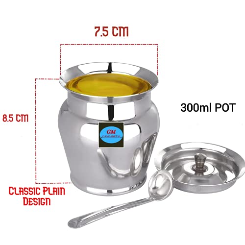 Image of Ghee Container With Spoon Oil Dispenser | Ghee Pot Steel, Ghie Dispenser | Salt Container With Spoon | Steel Oil Pot 300ml Silver Pack of 2 (Pack Of 1, 300ml)