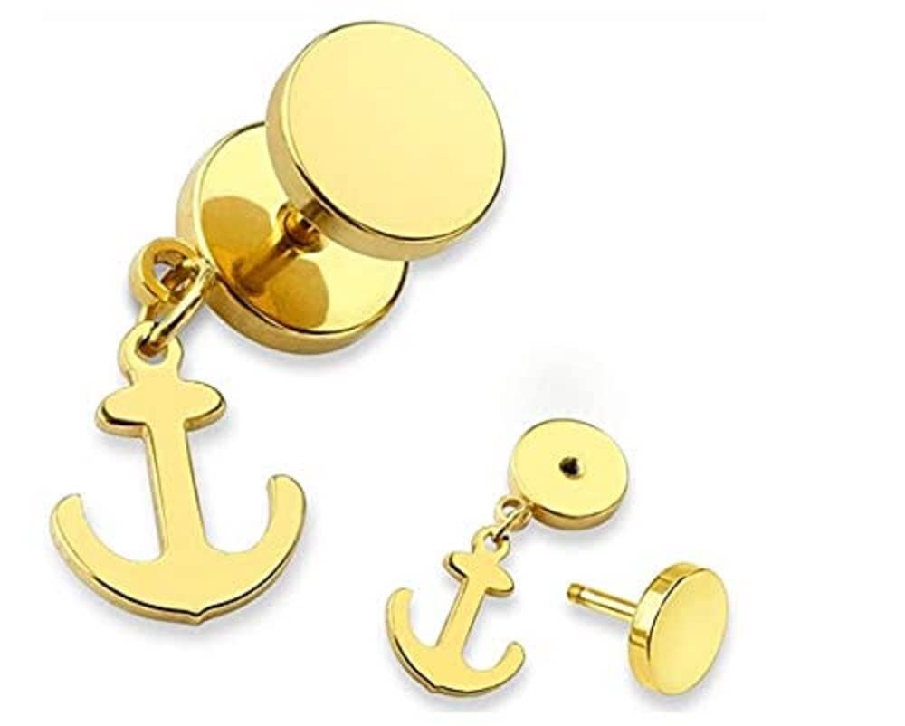 316L Surgical Steel Gold Plated Barbell Dumbbell With Dangling Anchor Punk Style Fake Plugs 6mm 16 GaugeStuds Earring-image-8