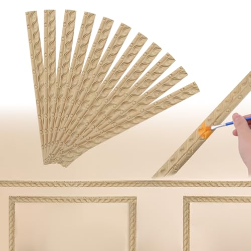MOROBOR 装飾用木製トリム 12個入り 未仕上げ 3D DIY ペイント可能 モールディングトリム 彫刻された木製木目調ウォールトリム 家庭用キャビネット 棚 窓 ドア 装飾用/13.78x1.06インチ(波線)