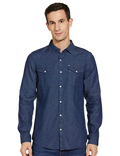 Image of Amazon Brand - Symbol Men's Cotton Slim Fit Denim Shirt | Casual | Plain | Full Sleeve | Summer (Available in Plus Sizes)