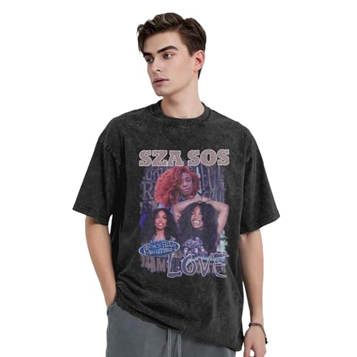 Unisex R&B Sänger-T-Shirt, modisch, schulterfrei, Vintage, gewaschen, kurzärmelig, L-1, XXL