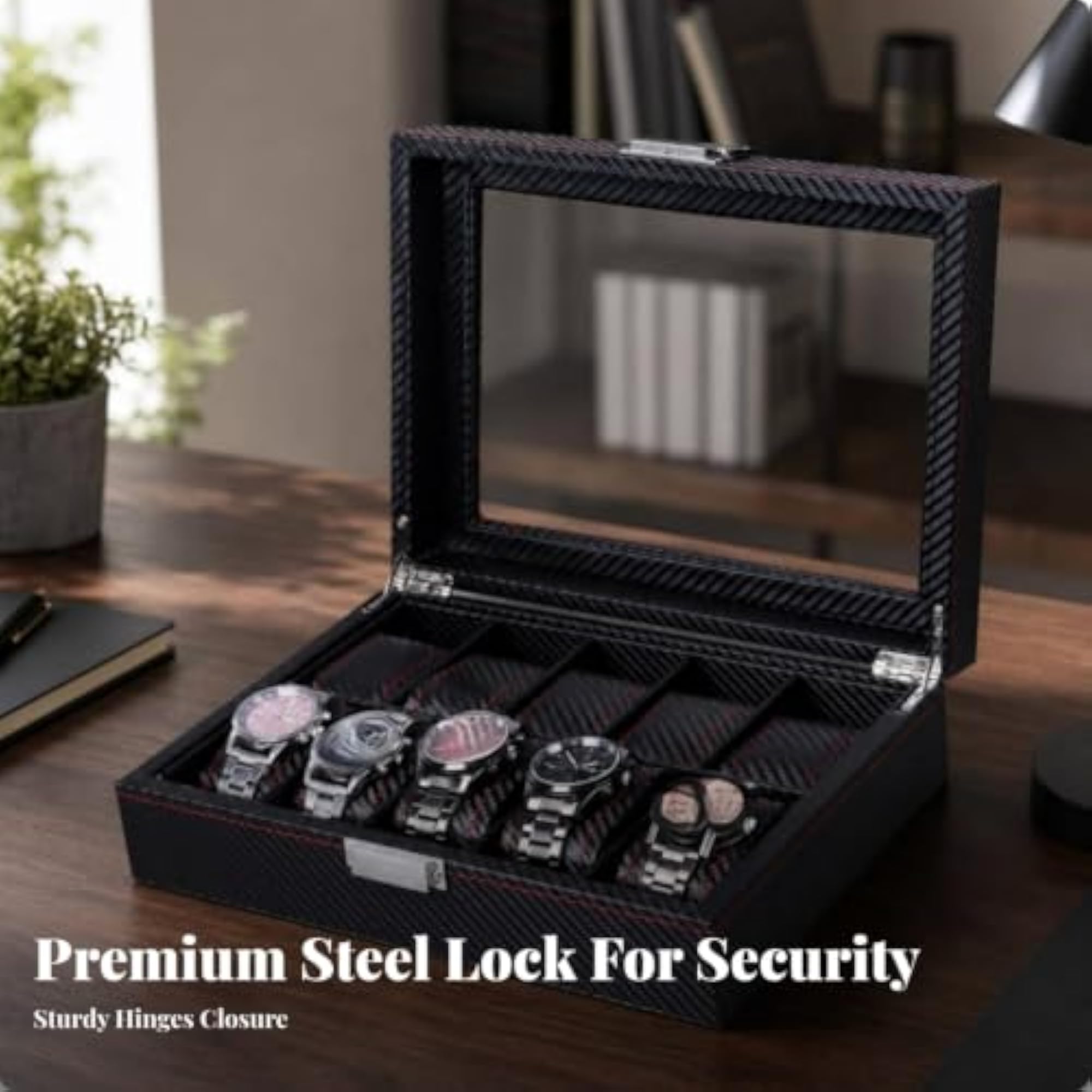 Carbon-Fiber Watch Storage Box with Transparent Window