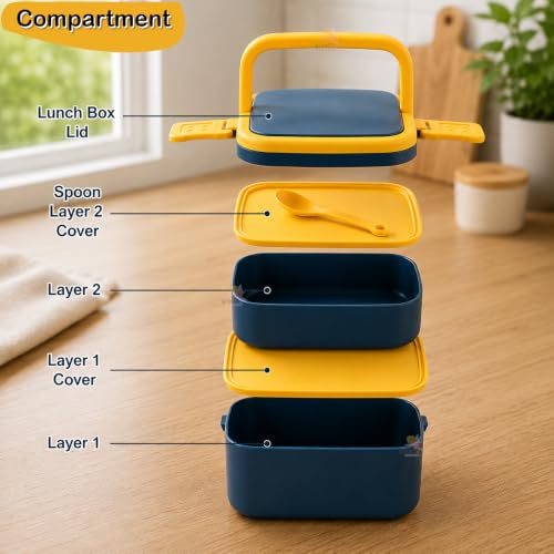 Image of WISHKEY Microwave Proof Double Compartment Lunch Box with Handle for Kids, Colorful Push Lock Tiffin Box for Office Adults, Birthday Gift for School Boys & Girls (Pack of 1, Multicolor)