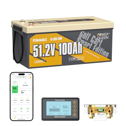 Power Queen 48V 100Ah Bluetooth Lithium Battery with Monitor, LiFePO4 Battery with Low-temp Protection, 200A BMS 5.12kWh Capacity, Max.10.24kW Power Output for Off-Grid,Solar,Backup Power,Golf Carts