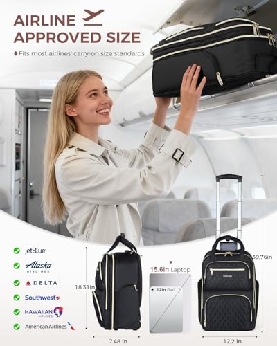 Ponhog Rolling Laptop Travel Backpack with Wheels for Women - 15.6 Inch Laptop Wheeled Backpack, Carry on Trolley Suitcase Black Computer Bag for Adults Business College Work Overnight,Black