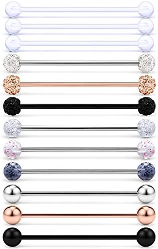 SCERRING 12PCS 14G Clear Acrylic Bioflex & Stainless Steel Industrial Barbell Cartilage Earring Retainer Body Piercing Jewelry 1 1/2"(38mm) Glitter Crystal Style 2#