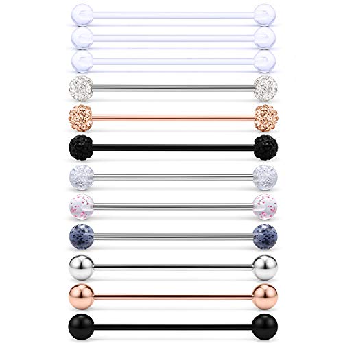 Scerring 12Pcs 14G Clear Acrylic Bioflex & Stainless Steel Industrial Barbell Cartilage Earring Retainer Body Piercing Jewelry 1 1/2"(38Mm) Glitter Crystal Style 2# #TOP20