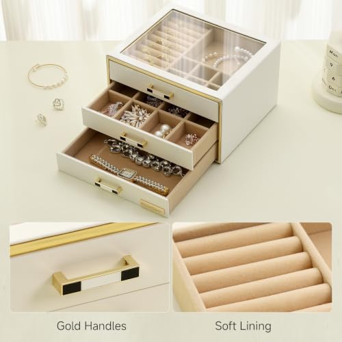 RoseGem Jewelry Box for Women, Glass Lid Jewelry Organizer with 3 Drawers and Gold-Striped Trim, for Necklaces Rings Earrings Bracelets Mother Day Gift for Mom (Black) by RoseGem - Used condition - Image 4