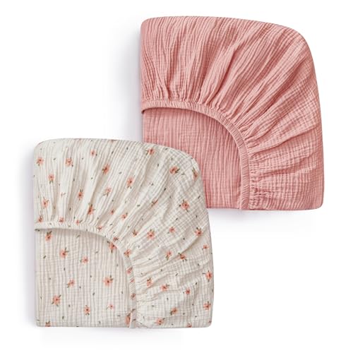 Image of Blissful Diary Muslin Crib Sheets for Girl Boy, Boho Neutral Soft Cotton Baby Sheet for 52''x28'' Standard Crib Mattress, 2 Pack(Pink Floral&Light Pink)