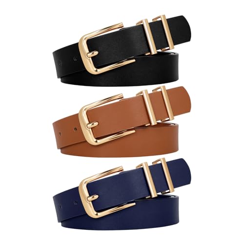 WERFORU 3 PACK Women Belt Women Fashion Leather Belts for Jeans Pants Ladies Belts with Gold Buckle