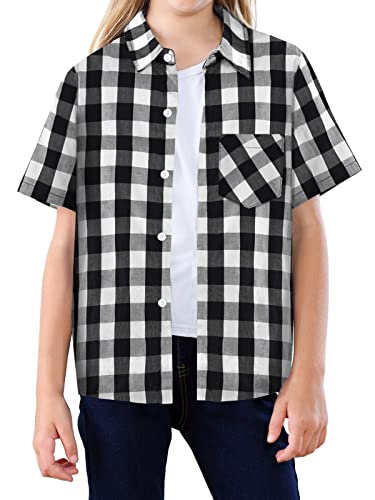 Image of SANGTREE Girls and Women Plaid Shirt Short Sleeve Button Down Summer Blouses Tops