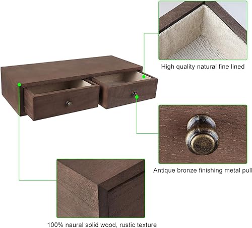 Image of WOOYNEX Floating Shelves With Drawers: Wood Wall Shelves /Cabinets For Storage And Exhibition; Doubles As A Bedside Or Nightstand Set Of 2 In Vintage- Brown (Brown), 15X40X10 Cm