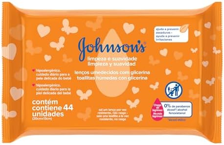 Pacote de lenços umedecidos Johnson's com fundo laranja e padrões de corações e borboletas, contendo 44 unidades