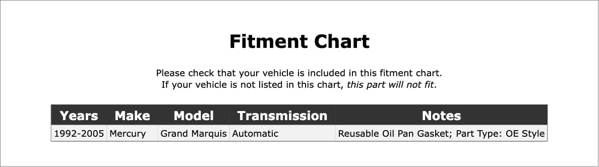 Transmission Oil Pan Gasket Compatible With Mercury Grand Marquis Automatic Transmission 2005 2004 2003 2002 2001 2000 1999 1998 1997 1996 1995 1994 1993 1992 P-3505481