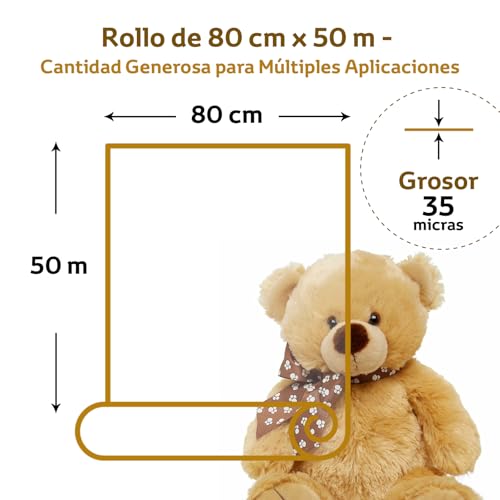 Miniatura 2 de 80 Cm X 50 M Celofán Para Envolver Regalos, Cestas Y Decoración De Flores,Rollo De Polipropileno Transparente Con Grosor 35 Micras Transparente, 80 Cm X 50 M