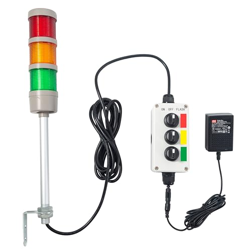 ANDONT 3 Stack Super Bright LED Andon Tower Lights, Red/Yellow/Green, ON-Off-Flash, 16 ft Extension Cord, 6 ft Industrial Adapter, IP65, Plug Play Ready