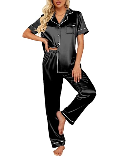 Image of Ekouaer 2 Piece Satin Short Sleeve Pajamas Set Button Down Sleepwear | Soft Pjs Set Classic Loungewear for Wedding, Party, Home, Daily Wear, Date Nights