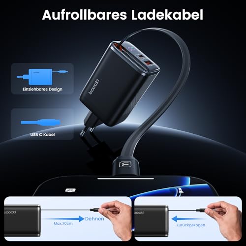 toocki USB C Ladegerät, 3Port GaN Mehrfach Ladegerät mit Schnell Einziehbares Ladekabel,67W USB C Netzteil mit LED Display für MacBook,iPhone 17 Pro Max,Galaxy S24 Ultra/S23,Switch,Laptop,Handys usw