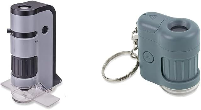 Carson MicroFlip 100-250x LED Lighted Pocket Microscope with Smartphone Digiscoping Adapter Clip, Grey & MM-280B MicroMini LED Lighted 20x Pocket Microscope - Blue