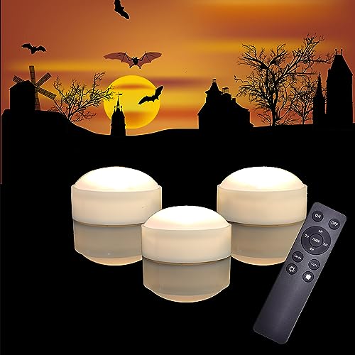 iZAN 3 Pack Battery Operated LED Lights with Remote and Timer, Bright Flickering Flameless Candle Set for Pumpkin Décor Jack-O-Lantern Halloween Party Home Christmas Decorations, White Color