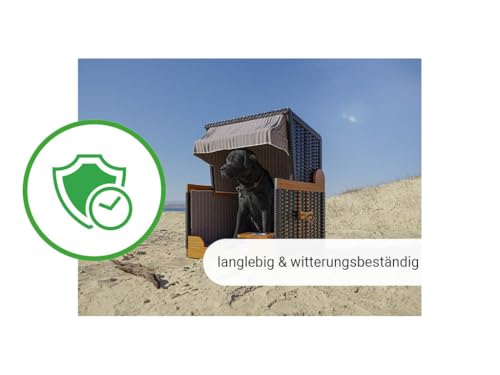 Outgarden Hundestrandkorb Kieferholz|Hundehütte inkl. Schützhülle|Schwenkbarer Wasser-/Futternapf|Sonnenschutz für Hunde & Katzen|Braun mit Dunkelblau-weißen Streifen- Perfekt für kleine Hunde