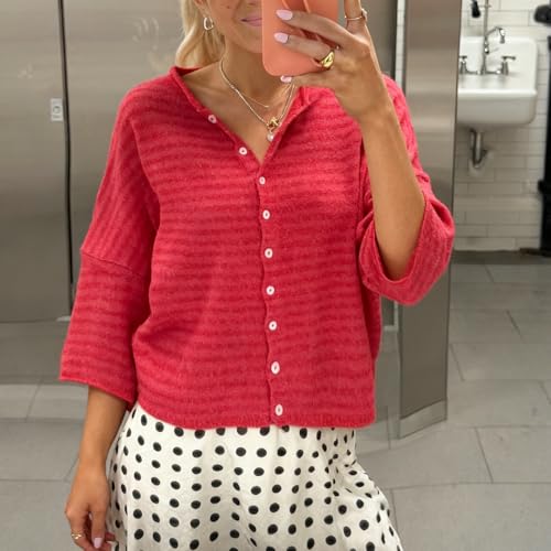 Image of Women Knitted Crop Cardigan Shirt Short Sleeve Button Down Ribbed Knit Crop Top Y2k Girls Outwear Top Tee Shirt