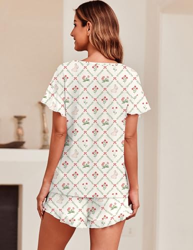 Image of Ekouaer Women's Pajama Set Ruffle Sleeves Top and Short | 2 Piece Ruffle Hem Sleeves Top and Shorts Pjs Set, Soft Short Sleepwear Set, Elastic Waistband Design