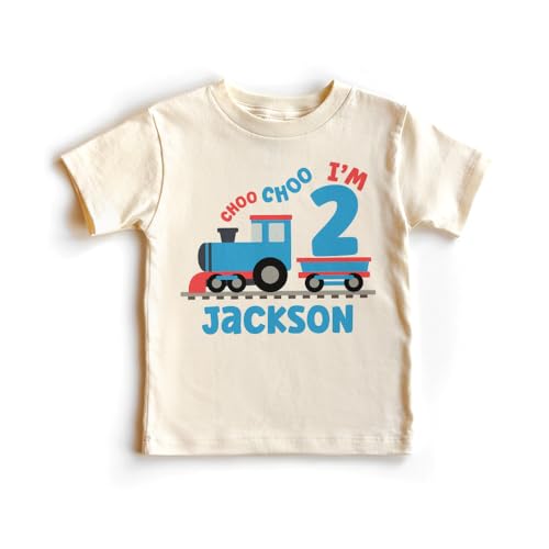 Personalized Name 2nd Birthday Boys Toddler Shirt - Custom Kids Name Choo Choo I'm Two Train - Turning Two 2 Years Old - Natural Toddler Youth Graphic Tee