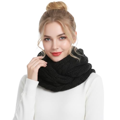 Barelove Women Thick Cable Knit Ribbed Infinity Circle Loop Scarf Winter Cold Weather Warm Scarves (Black)