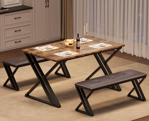 IDEALHOUSE Kitchen Table Set for 4, Dining Table with 2 Benches, 3 Piece Dining Table Set for Small Space, Apartment, Saving Space for Dining Room (0.75'')