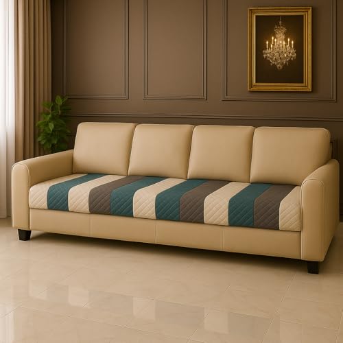 Image of Aqua Stripes Quilted Velvet Sofa Cover - 4-Seater - Soothing Aqua Palette - Durable Daily Use - Dust Spill Stain Guard - Anti-Slip Backing - Breathable Fabric - Soft Quilted Velvet