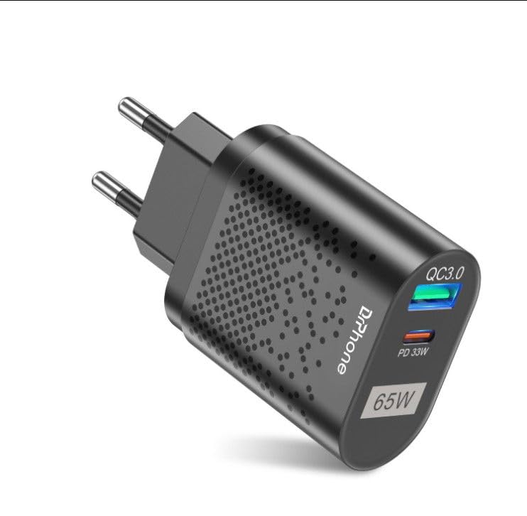 Chargeur USB C PD 3.0 DrPhone WL12 65W GaN avec double port noir pour smartphone