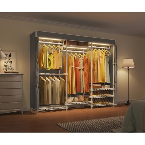 Image of VIPEK V5LC Garment Rack Heavy Duty Covered with Dimmable LED Lights, 3000K Warm White, Portable Closet Wardrobe Freestanding for Hanging Clothes, with Grey Cover