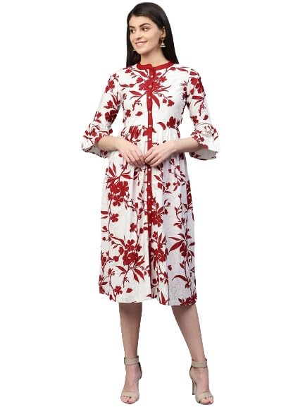 Image of RANGMAYEE Women White and Maroon Printed A-Line Midi Dress