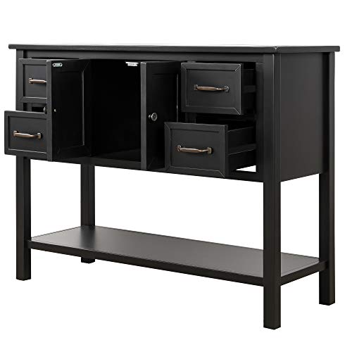 Fat Ant 43'' Kitchen Storage Sideboard Dining Buffet Server Cabinet Cupboard, Free Standing Storage Chest with 4 Drawers Cabinets and Open Shelf, Modern Console Sofa Table for Living Room, Black
