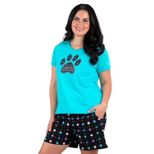 GreaterGood Polka Dot Paws Pajama Shorts Set 100% Cotton Sleepwear for Women with Pockets Embroidered Top Adjustable Waist Loungewear (US, Alpha, 3X, Plus, Regular, Turquoise)