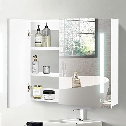 CLIPOP LED Illuminated Bathroom Mirror Cabinet Wall Mounted 2 Door Bathroom Cabinet with 3-Color Touch Switch Control and Storage Shelves, Bathroom Wall Cabinet for Living room, Toilet and Washroom