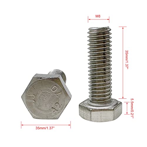 Image of M8 Hex Bolt, M8-1.25 x 35mm Hex Head Screw Bolts, 304 Stainless Steel, Fully Threaded, Plain Finish, Hex Tap Bolts 10Pcs (M8x35mm)