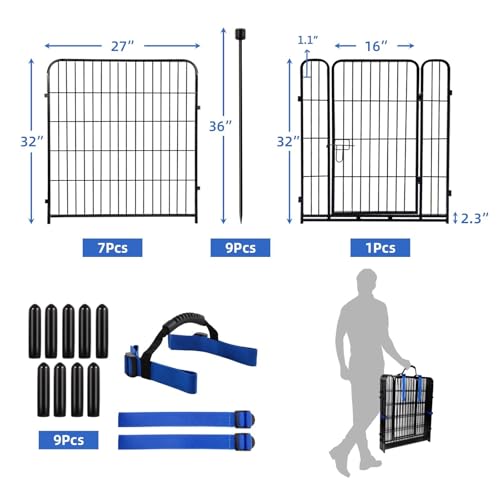 Image of ADAVIN 32 in(H) Garden Fences and Borders,1 Gate+7 Panels Dog Fence Outdoor for Yard, Heavy Duty Iron Metal Animal Barrier Fence, Portable Fence, Flower Garden Fencing,Total 17.7 Ft(L), Black