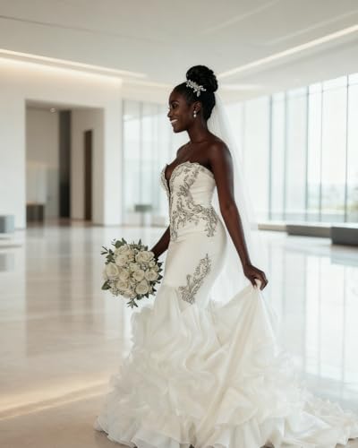 Cathedral Train Wedding Dresses Sweetheart Mermaid Satin Bridal Dress For Wedding With Luxury Rhinestone Applique White #TOP6