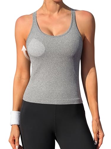 ATTRACO Ribflex Workout Tops for Women with Built-in Bra Cami Tank Gray M