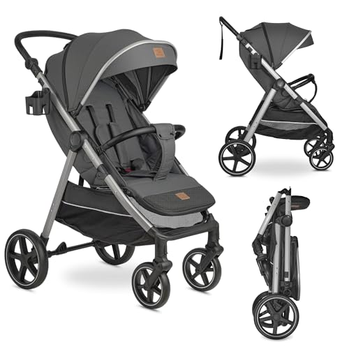 BRONEA® MAXIME 2.0 Kinderbuggy MIT LIEGEFUNKTION | Reisebuggy klappbar bis 22kg | Wendige Räder | Leichter Buggy | Mit abnehmbaren Verdeck | Großer Korb | Anthrazit-Silber