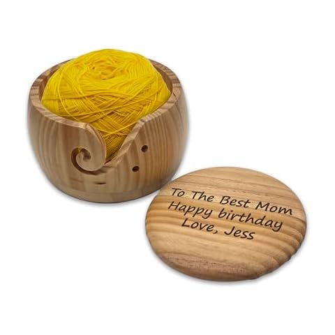 CHEERZEER CUSTOMIZE Personalized Large Wooden Bowl with Lid for Knitters and Crocheters, Wood Yarn Ball Holder Gift for Grandma and Mom on Mother's Day, Christmas, Birthdays Cover