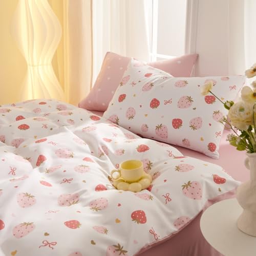Freyamy Bettwäsche 155x220 Rosa Bunt Erdbeer Schleifen Herz Bettwäsche Set – Ansicht 1