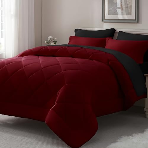 ELNIDO QUEEN® Queen Comforter Set 7 Pieces, Red and Black Bed in a Bag Queen Size, Bed Set All Seasons Bedding Sets with Reversible Comforter, Flat Sheet, Fitted Sheet, Pillowcases and Pillow Shams