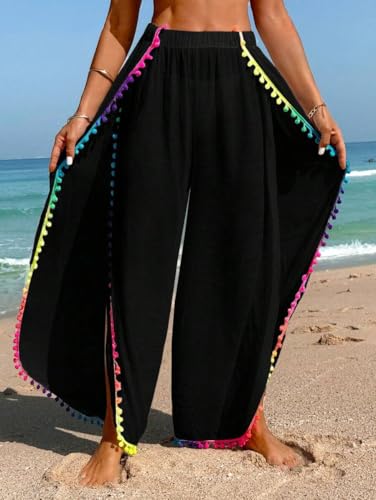 ZAFUL Bathing Suit Cover Up for Women High Waisted Side Slit Beach Pants with Colorful Pom Pom Trim3