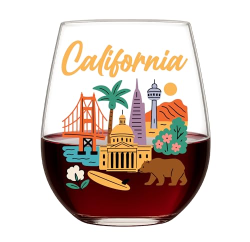 California Stemless Wine Glass – Colorful State Landmarks Design, Golden Gate Bridge, Bear & Palm Trees – Souvenir Gift for Travelers, Wine Lovers & Californians