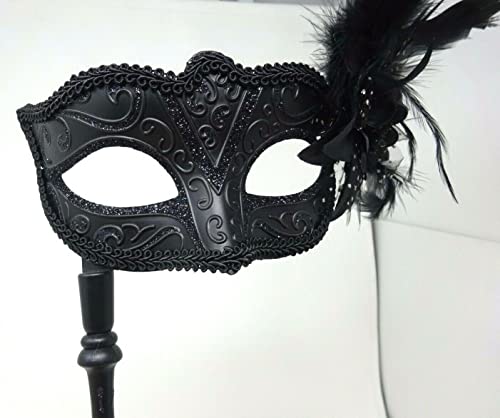 Mask & Co LADIES QUALITY BLACK SPARKLING MASK WITH FLOWER & LONG FEATHERS VENETIAN MASQUERADE CARNIVAL PARTY EYE MASK - Image 3