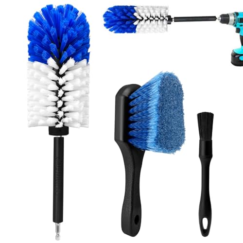 Wheel Brush Kit, Soft Drill Wheel Cleaning Brush, No Scratches, Highly Dense Car Cleaning Brush Set for Wheels, Tire, Rims, Motors, Exhaust (Blue+White